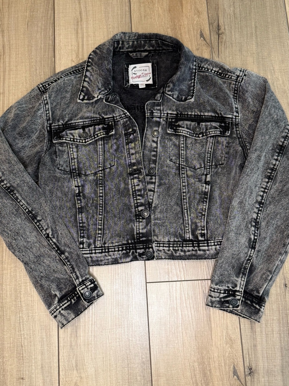Stoosh Vintage Denim Black Acid Wash Cropped Jean Jacket Size M Y2K
